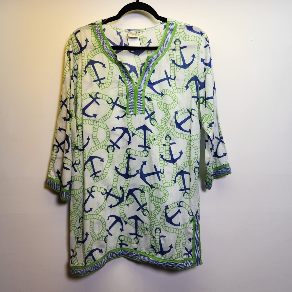 Advance Apparels Novelty Tunic Top Lrg 100% Cotton Anchors 3/4 Sleeves Nautical